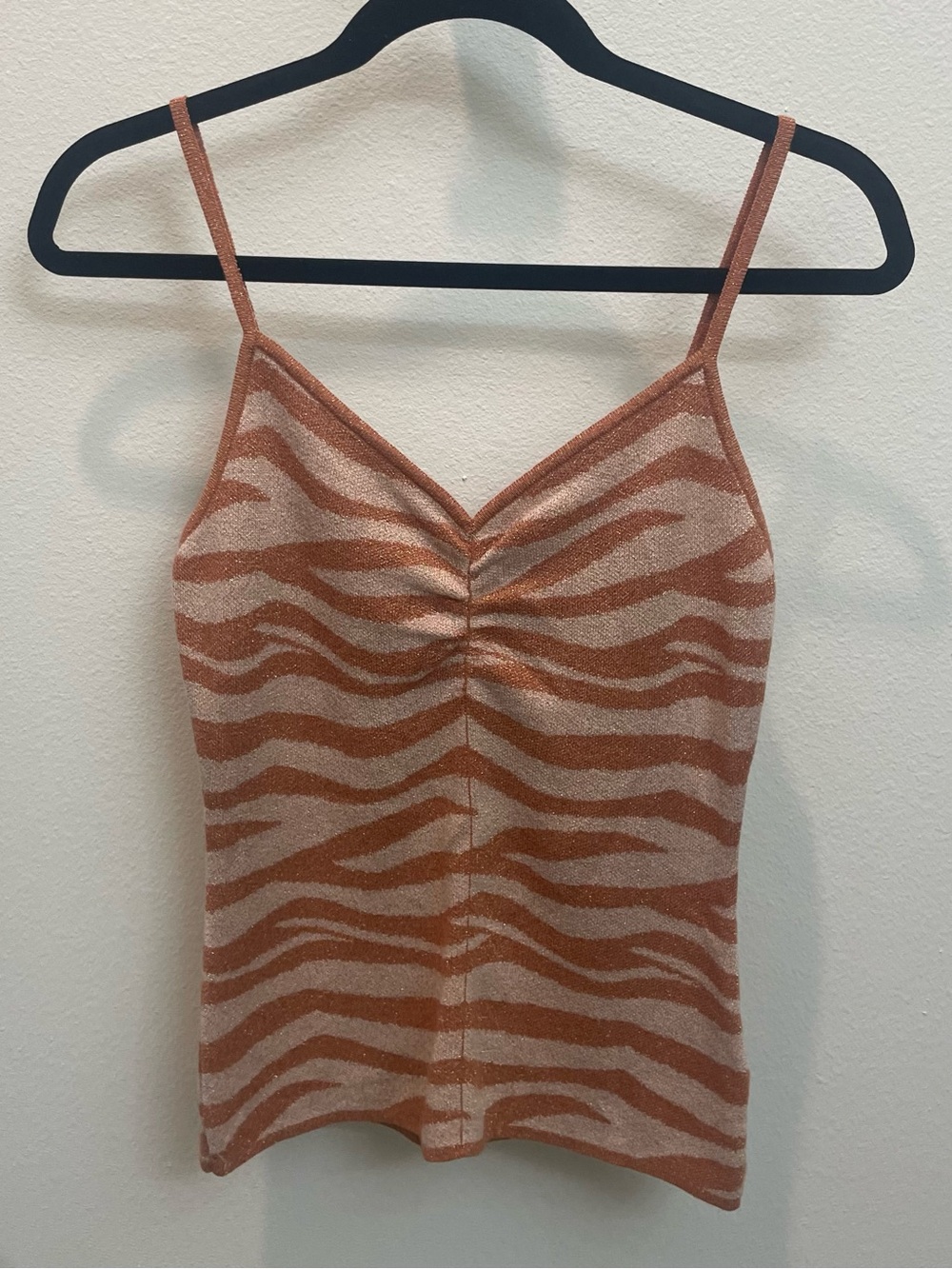 Anthropologie Orange and Cream Zebra-Print Sparkly V-Neck Tank Top